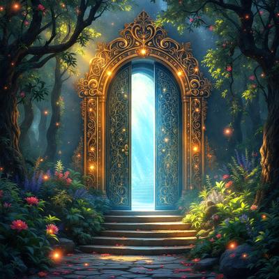 The primary subject of the image is a large, ornate doorway with a golden design, situated in a forest setting. The doorway is open, inviting the viewer to enter. The setting includes trees and flowers, creating a serene and natural atmosphere. The visual style of the image is digital art, with vibrant colors and intricate details. The dominant colors include gold, green, and blue, contributing to a warm and inviting mood.